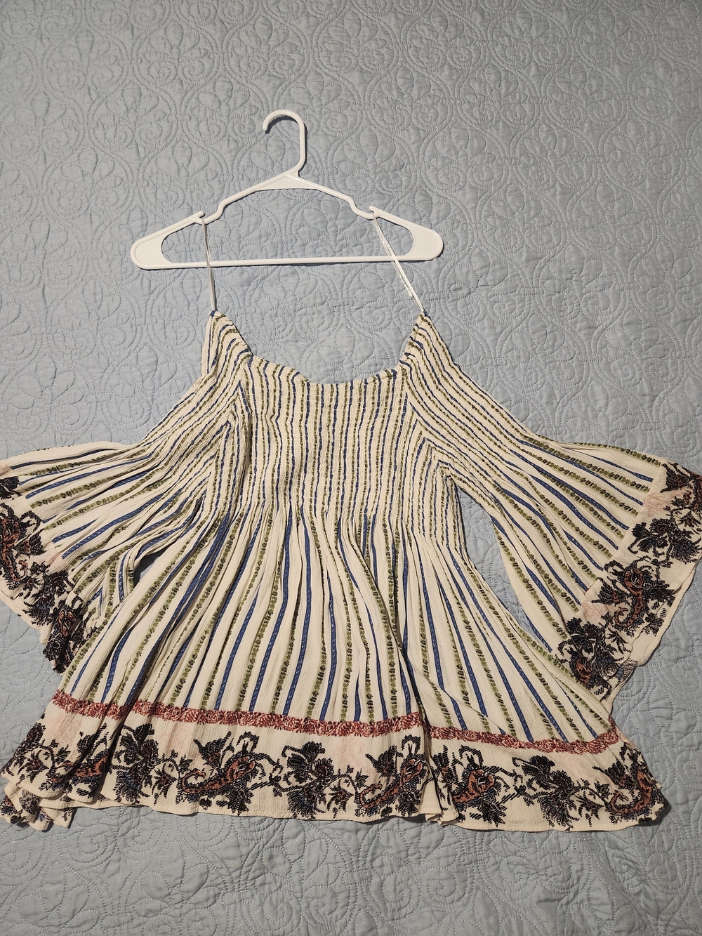 Nostalgia Boho Off-Shoulder Striped Peasant Top in Cream and Blue